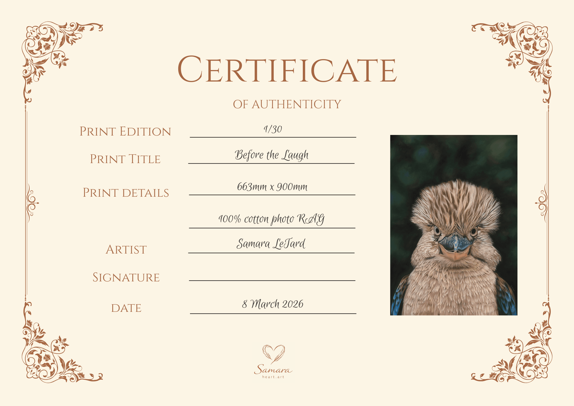 Certificate of Authenticity issued with each limited edition print