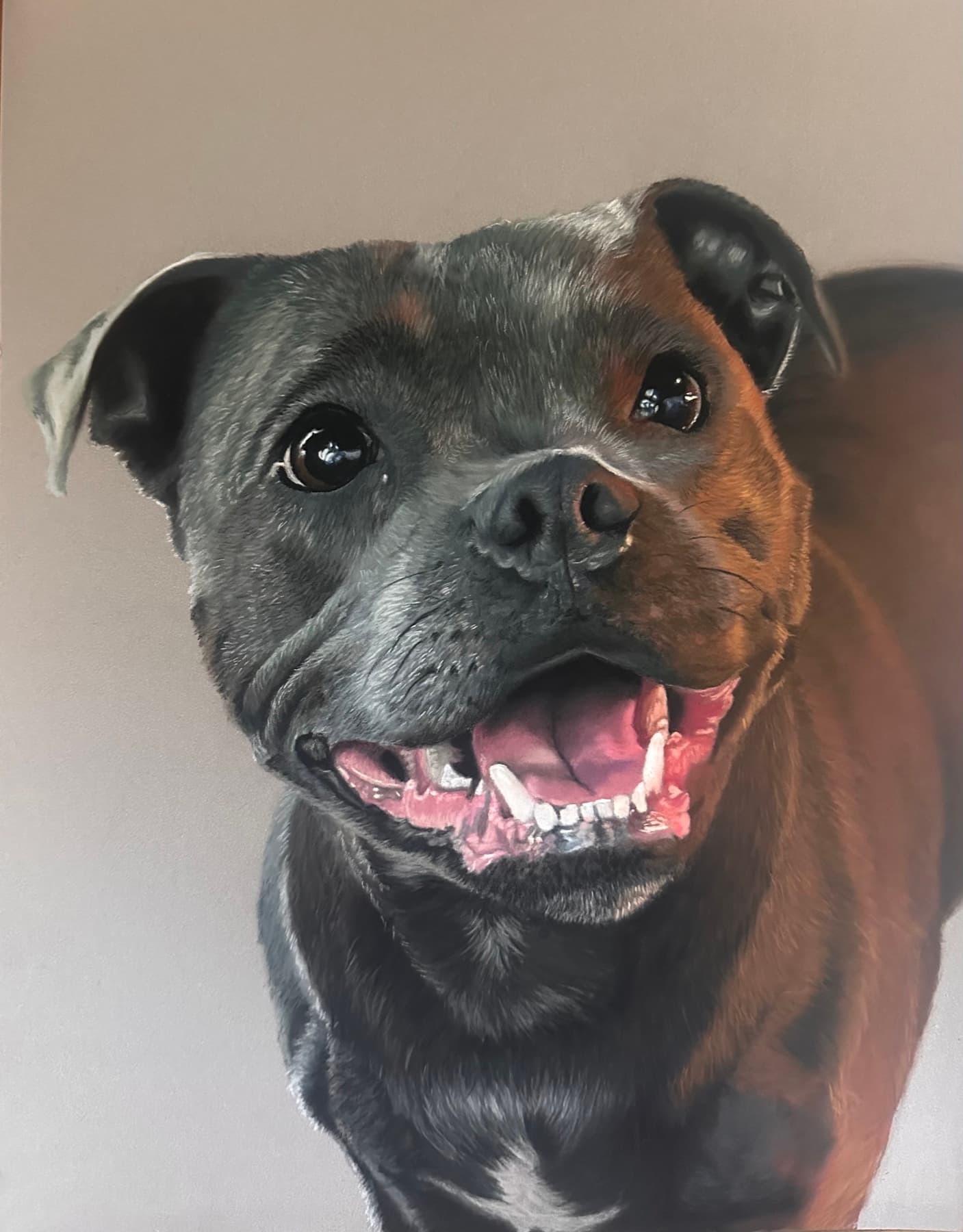 Pastel portrait of a smiling Staffordshire Bull Terrier