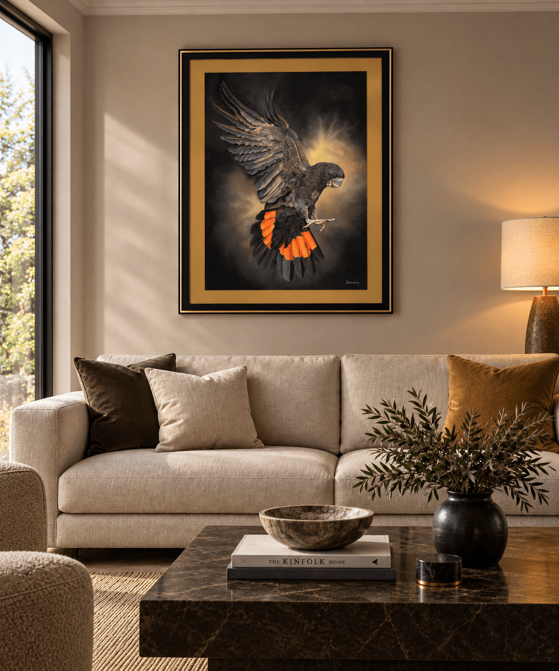 Flight of Light by Samara LeTard shown in an interior setting to illustrate the scale of the 127 × 97 cm framed artwork.