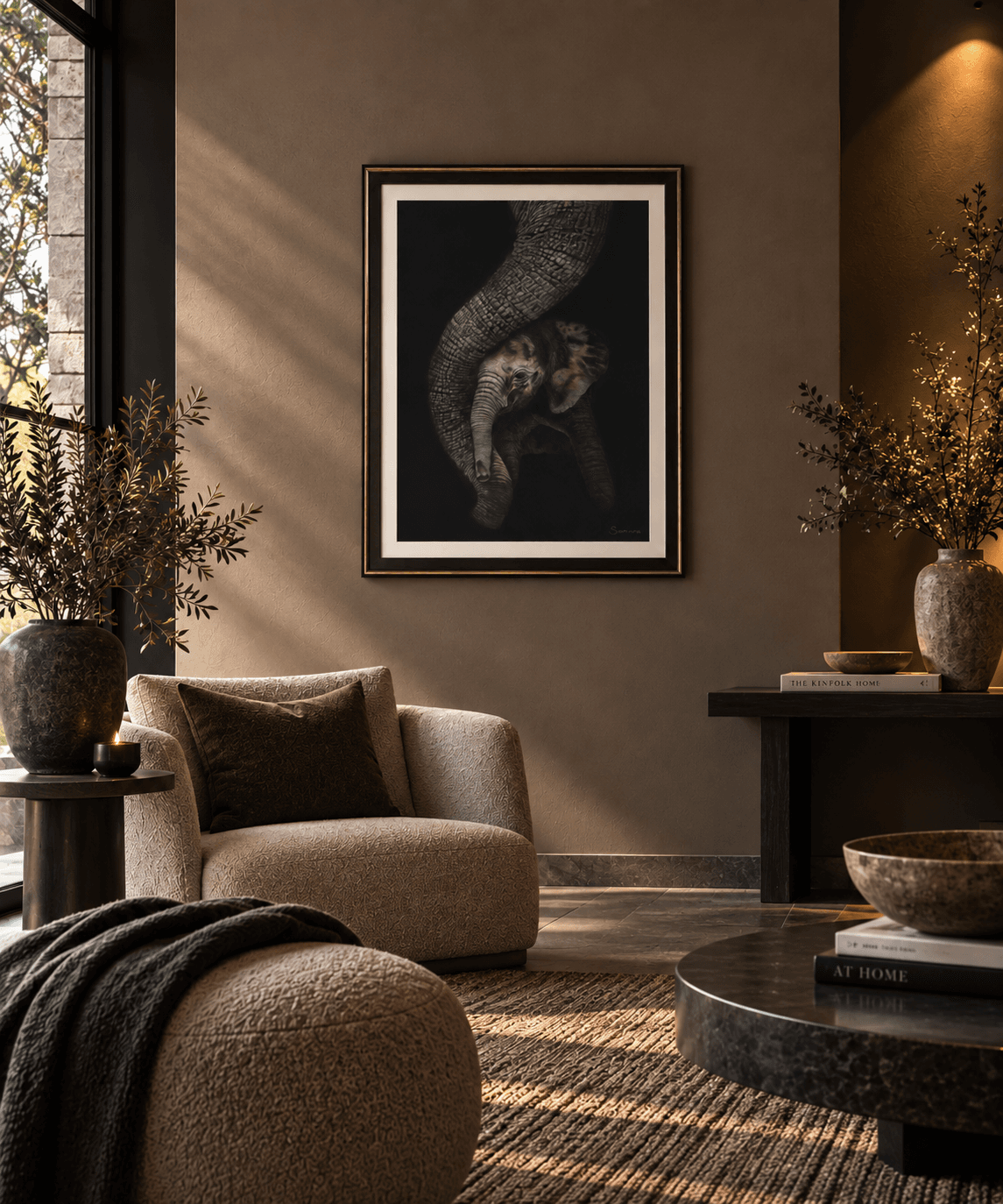 In the Shadows of Love by Samara LeTard shown in an interior setting to illustrate the scale of the 127 × 97 cm framed artwork.