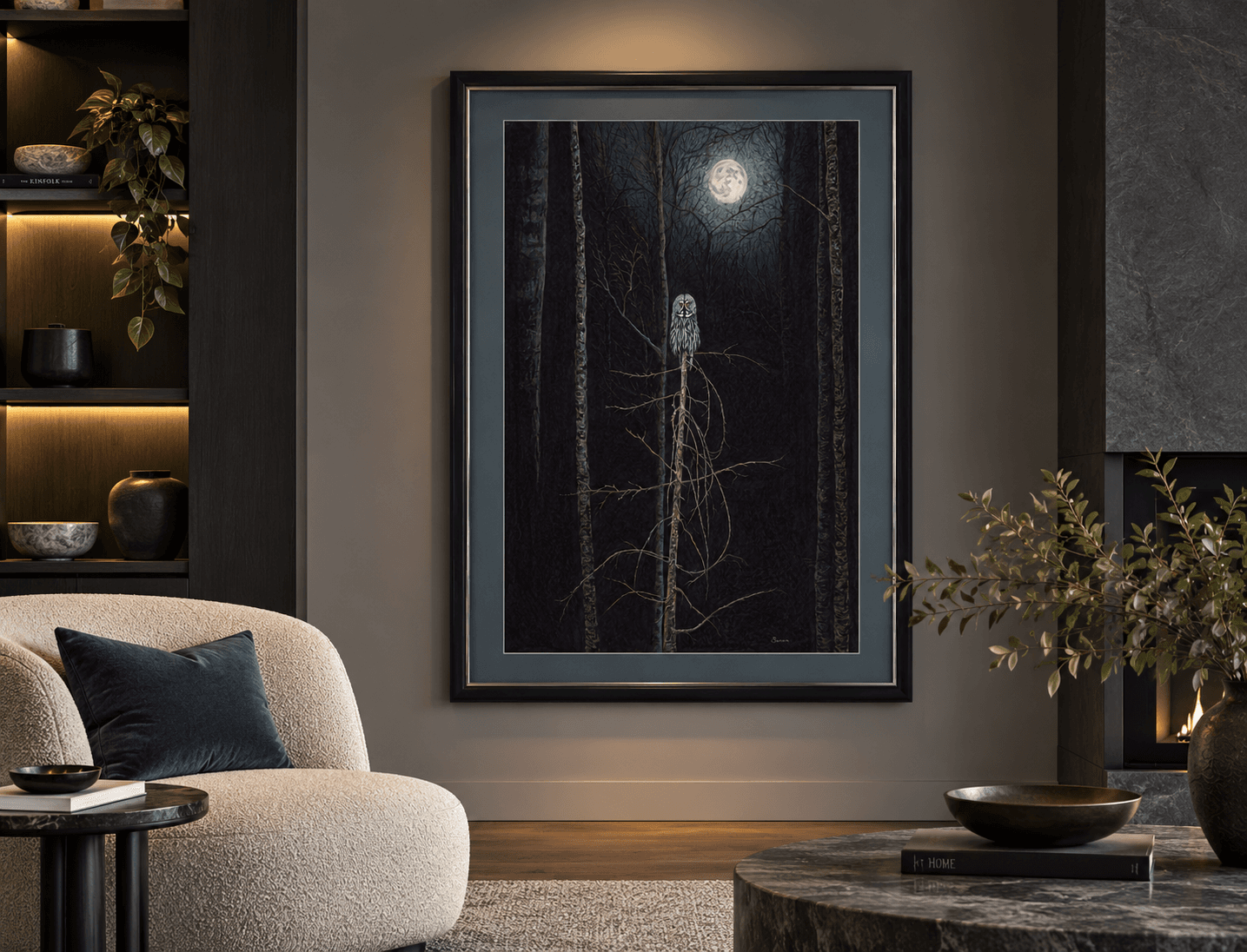 In the Stillness by Samara LeTard shown in an interior setting to illustrate the scale of the 127 × 97 cm framed artwork, shown with a black frame and blue-grey mat.
