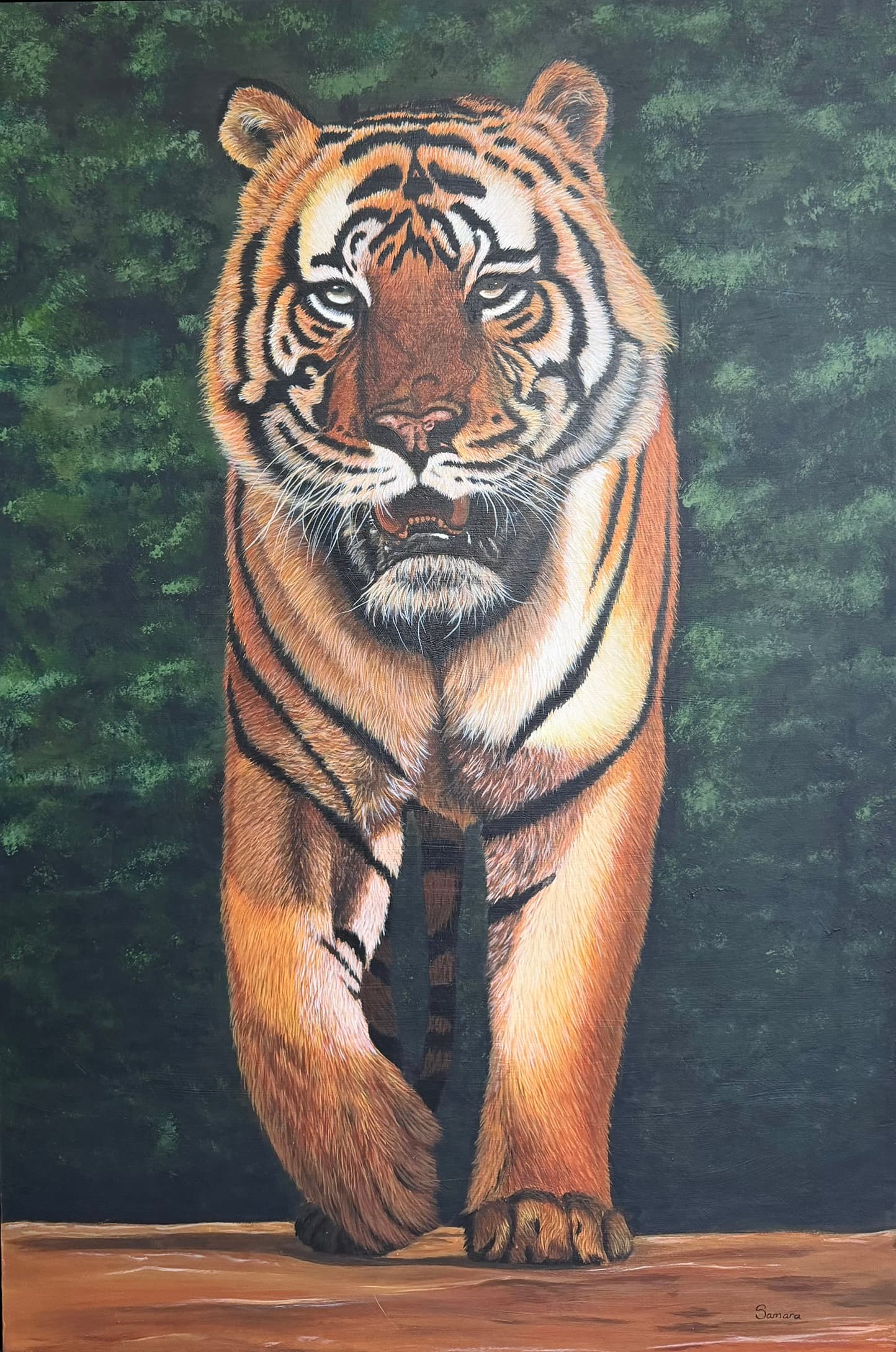 Lone Prowler — tiger walking toward the viewer, acrylic on board
