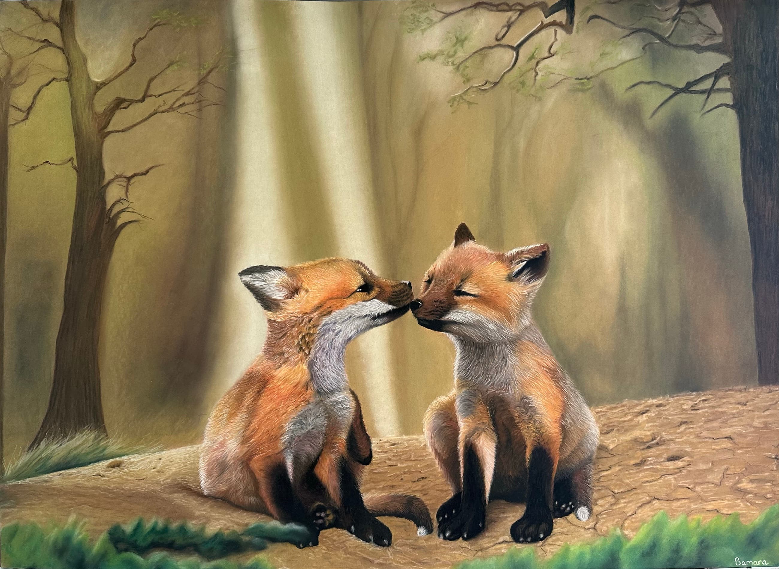 Morning Whispers — Two red fox kits, Pastel pencil on Pastelmat