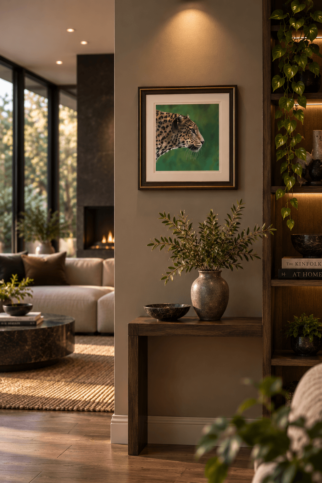On the Prowl by Samara LeTard shown in an interior setting to illustrate the scale of the 48 × 42 cm framed artwork.