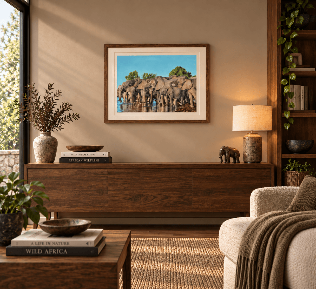 Rhapsody at the Watering Hole by Samara LeTard shown in an interior setting to illustrate the scale of the 93 × 73 cm framed artwork.
