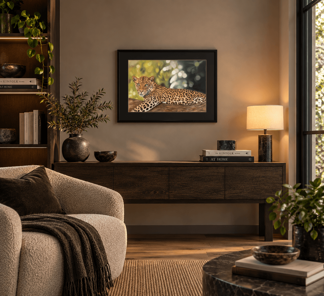 Shadow's Perch by Samara LeTard shown in an interior setting to illustrate the scale of the 82 × 62 cm artwork.